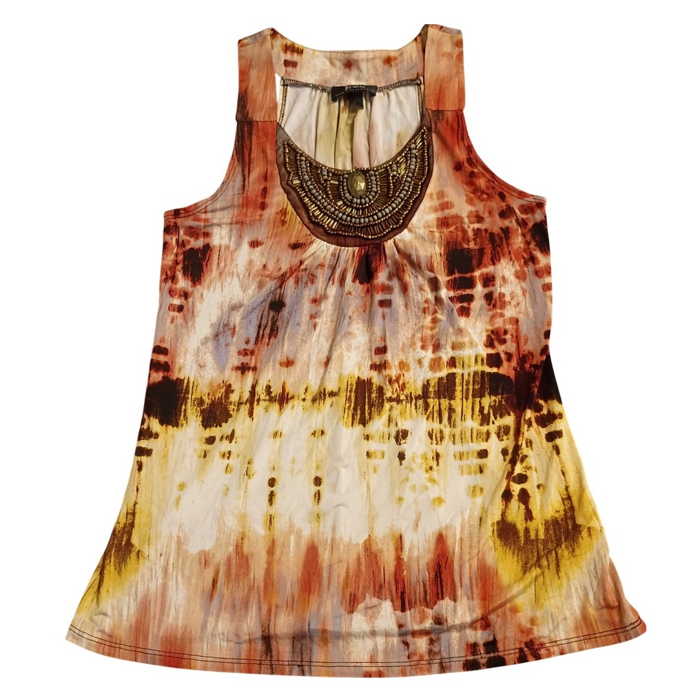 B-Wear Byer California Tank Top Womens M Orange Tie Dye Beaded Boho Bib Neck